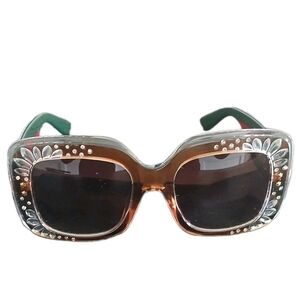 Womens Rectangular Foliage Jewel Trim Thick Plastic Sunglasses Green & Red